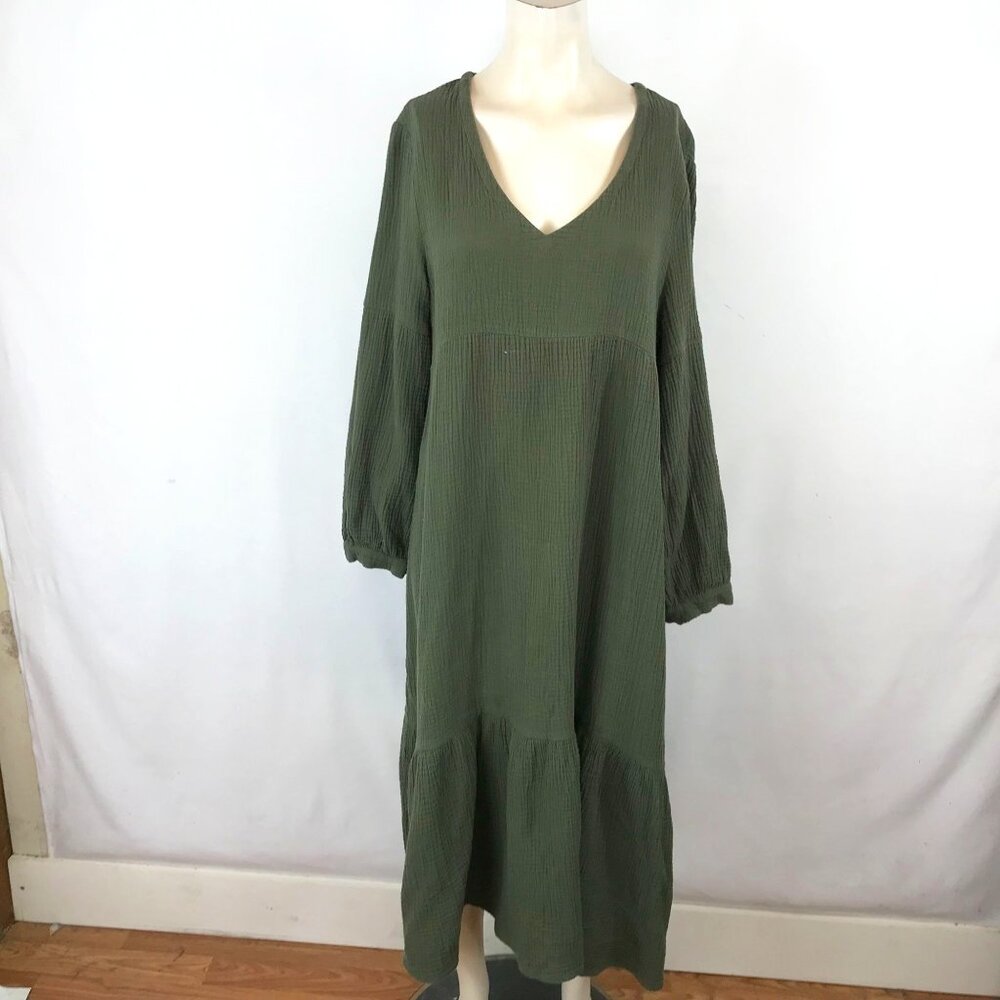 7 FOR ALL MAN KIND - WOMEN MEDIUM - OLIVE GAUZE LONG SLEEVE ROUND NECK DRESS